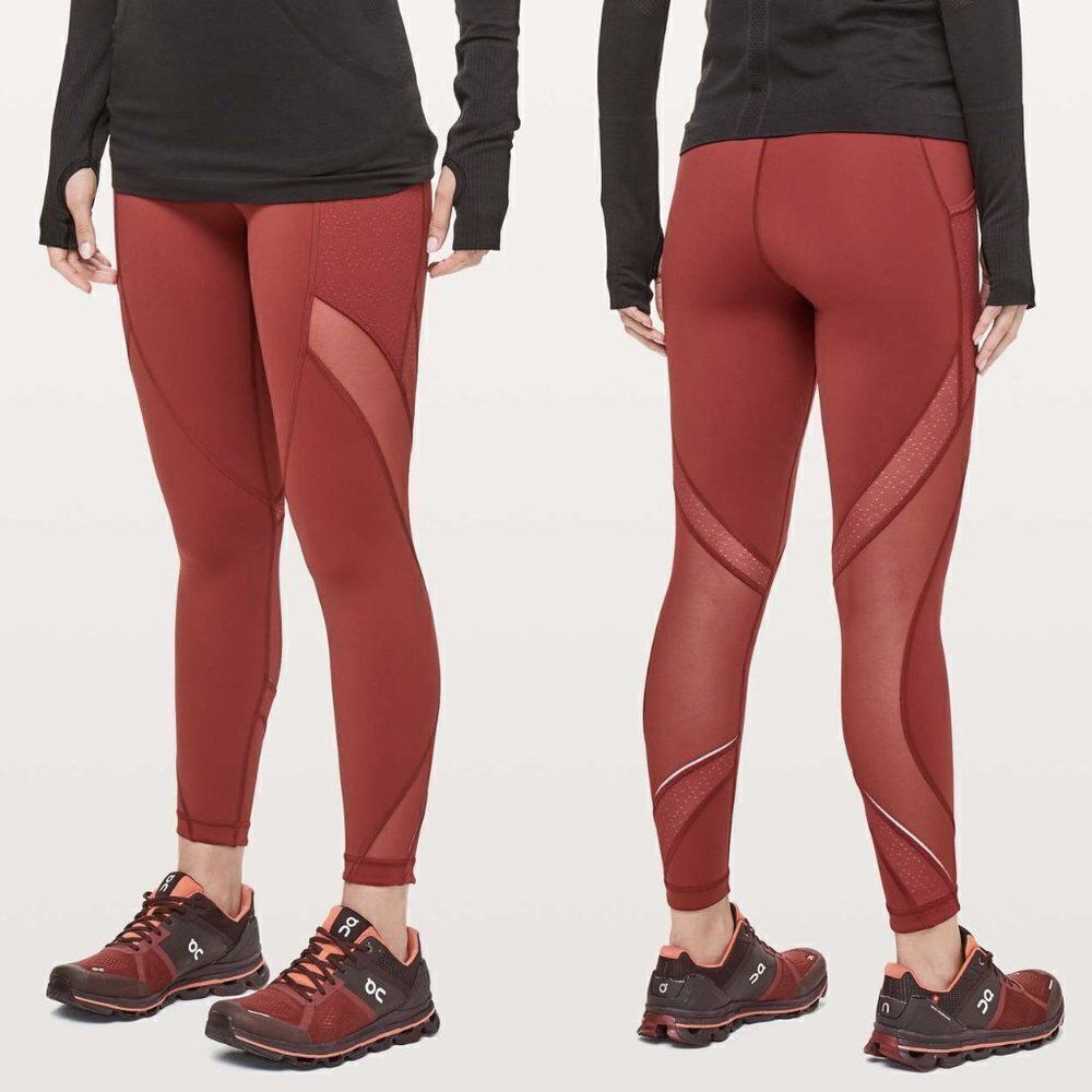 Lululemon dark sport red Run Smoothly mesh pocket nulux workout crop leggings